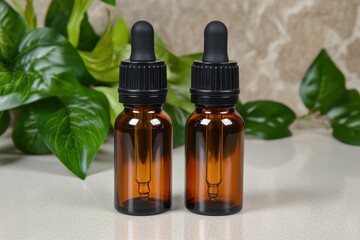 Two Amber Glass Dropper Bottles with Black Caps on a Light Background Surrounded by Green Leaves