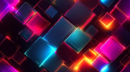 Geometric composition features vibrant glowing squares against a dark background