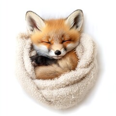 Obraz premium Adorable Sleeping Fox Kit Curled Cozy Warm Beige Knit Scarf Winter Wildlife Photography Cute Animal Peaceful Red Fox Cub Sweet Dreams Nature rest 