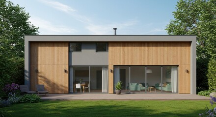 Modern sustainable home with wooden facade and spacious garden in sunny weather