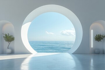 Fototapeta premium Minimalist White Circular Room with Arched Doorways to Ocean, Calm and Simple Space Under Light Blue Sky.