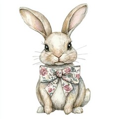 Obraz premium Cute rabbit with a floral bow sitting elegantly against a plain background