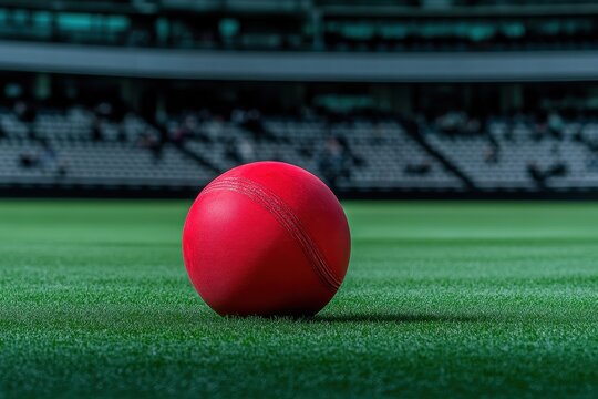 Bright Red Cricket Ball on a Lush Green Field with Blurred Background of Stadium Seating - Powered by Adobe