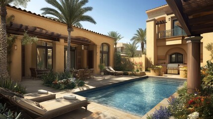 Fototapeta premium A luxury resort villa with an outdoor patio and Morning Sand exterior walls.
