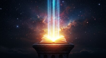 Mystical Open Book Radiating Light Beams Against a Starry Sky
