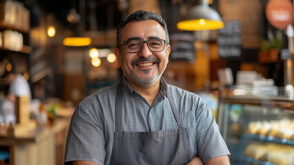 Fototapeta premium Portrait of a middle age man shop owner or small business owner in the bakery shop, entrepreneur 
