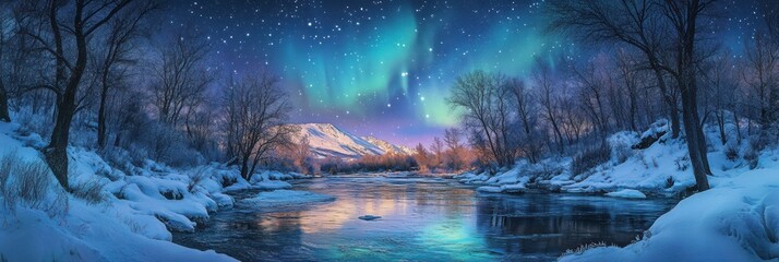 Winter River Scene Underneath Aurora Borealis and Stars
