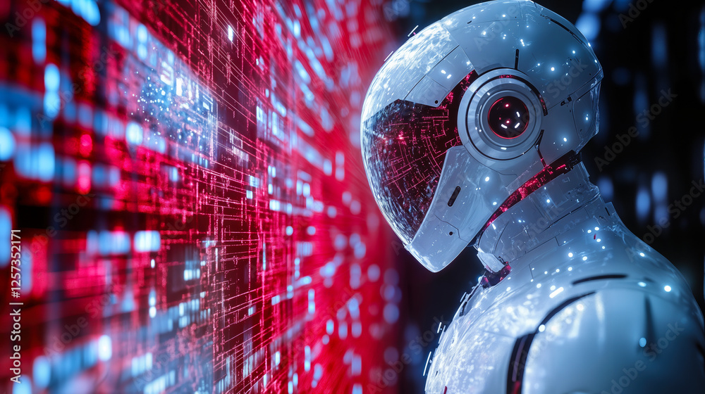 Poster futuristic robot analyzing digital data on multimodal ai interface in technology environment concept