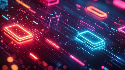 An abstract background featuring retro game themes with glowing neon colors and pixel patterns