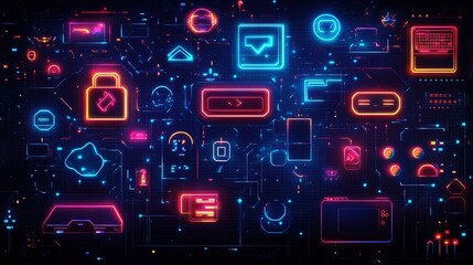 An abstract background featuring retro game themes with glowing neon colors and pixel patterns