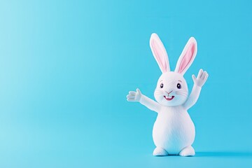 Obraz premium Cheerful rabbit character waves joyfully against bright blue bac