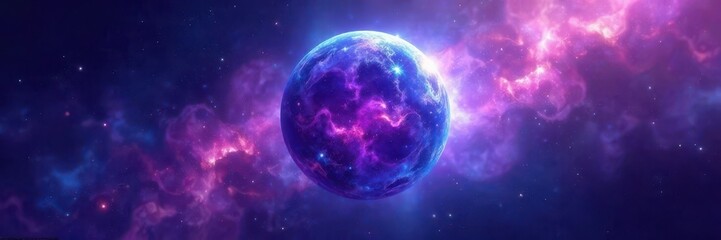 Fototapeta premium Radiant sphere, cosmic nebula swirls purple blue, celestial, image