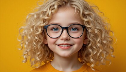 Smiling little curly blonde girl with big eyeglasses. Isolated on a solid yellow background.

