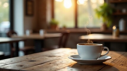 Aromatic Coffee in a Cozy Cafe Setting Warm Morning Light Illuminates a Steaming Mug on Rustic Wooden Table