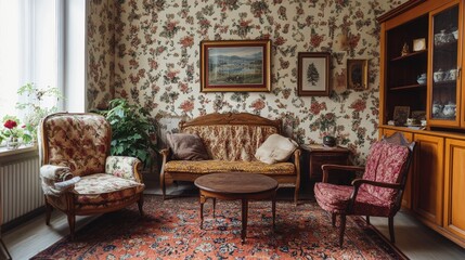 A vintage-style living room with floral wallpaper, an antique rug, and wooden furniture.