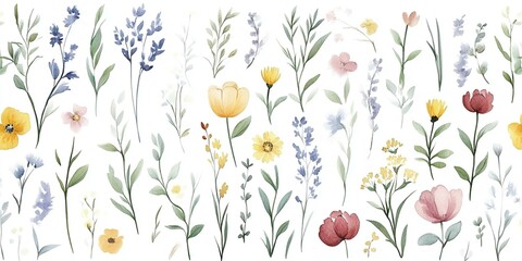 Watercolor floral seamless pattern with scattered wildflowers leaves and plants.