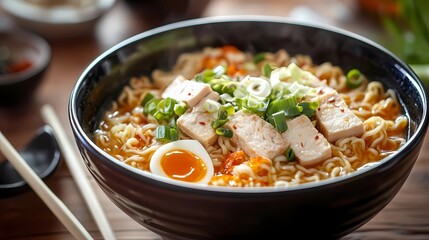 Japanese ramen bowl with deep broth, herbs, and spices, suitable for food magazine layouts, restaurant signage, and social media visuals, stylized ink drawing style