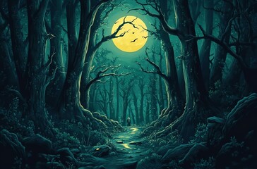 vector background illustration that depicts a nocturnal adventure in the wilderness. dark greens and forest illuminated by moonlight.