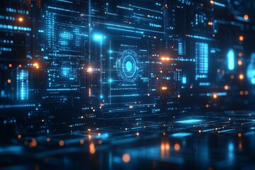 Obraz premium Abstract blue digital network connections with glowing light effects and data flow diagrams, technology and geometric pattern design.