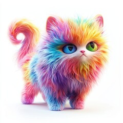 Fototapeta premium fluffy three-eyed cat with a long swirling tail, vibrant fur colors, isolated on white