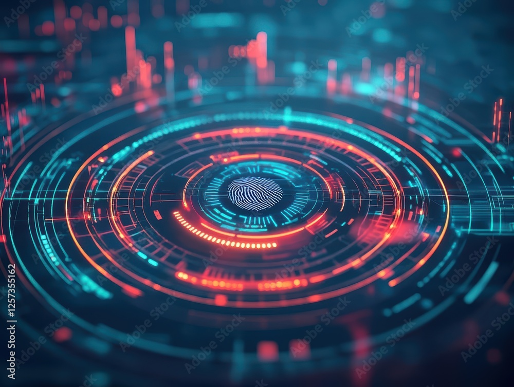 Poster Futuristic user interface displaying fingerprint recognition technology on a digital screen