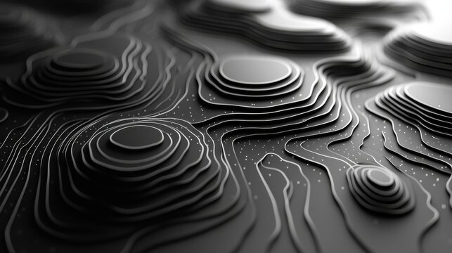 Abstract topographic map design featuring layered black contoured shapes