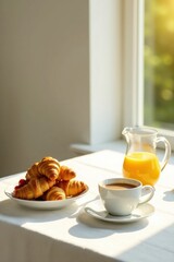 A delightful morning breakfast scene featuring freshly baked croissants, a steaming cup of coffee, and a pitcher of refreshing orange juice, all bathed in sunlight streaming through a window
