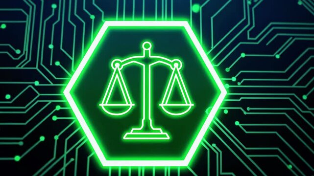 Neon green scales of justice symbolizing law and technology, surrounded by a circuit board design