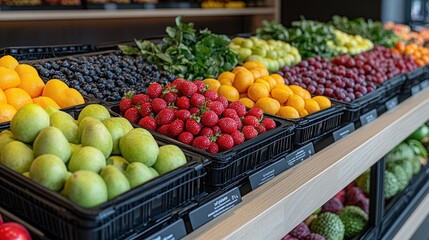 Vibrant display of fresh fruits in a modern grocery store with colorful arrangements and greenery