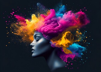 Liquid Color design background fly out of mind explosion - as a fantasy. colorful brain splash Brainstorm and inspire concept.