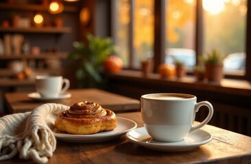 Cozy morning with cinnamon roll and coffee in a warm cafe during autumn sunset