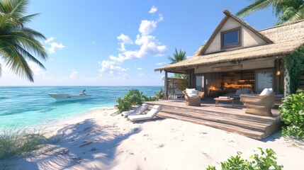 Fototapeta premium A cozy beachside bungalow with a wooden deck, lounge chairs, and a view of the ocean