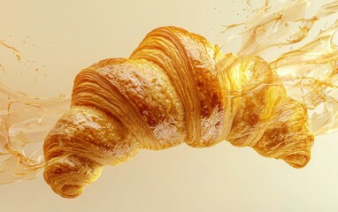 A golden croissant flipping in motion with flaky layers separating, pastel cream background