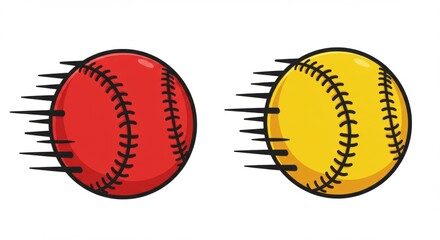 Vibrant red and yellow baseballs with speed lines on a white background