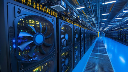 A cryptocurrency mining setup with a row of computers and graphics cards, showcasing the intricate network and cables in a modern workspace