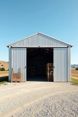 Fototapeta premium Rural Storage Facility with Open Doors Showing Stacked Pallets Inside under a Bright Blue Sky