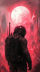Obraz premium Astronaut Contemplating a Crimson Dystopian Cityscape Under a Blood-Red Moon