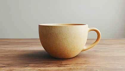 Photo - Beige Ceramic Coffee Mug on Wood Table - Minimalist Still Life