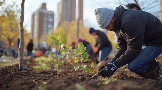 A diverse group of volunteers planting trees in an urban park as part of a community sustainability project, with gardening tools and saplings visible