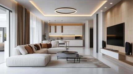 A high-tech living room with automated lights, speakers, and a smart TV.