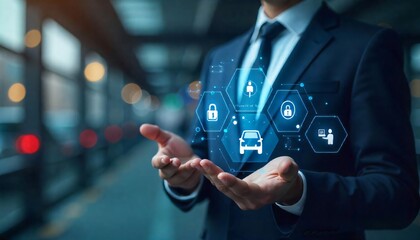Businessman Presenting Futuristic Car Security System Technology Concept