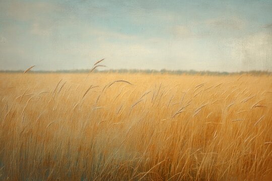 Golden wheat field swaying gently under a cloudy sky
