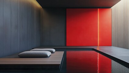 Fototapeta premium Modern Minimalist Architecture: Red Wall, Tranquil Pool, and Wooden Deck Design for Serenity.