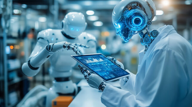 A humanoid AI-powered robot collaborating with a human at a desk, sharing ideas while analyzing data on a tablet in a modern office setting