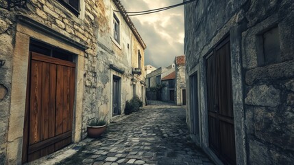 Obraz premium Narrow cobblestone street in old town, stone buildings, overcast sky.