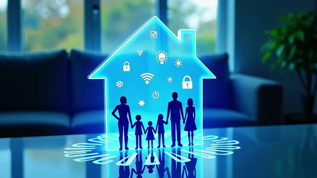 Family silhouette inside a glowing smart home icon, showcasing technology and safety features