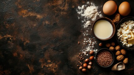 Baking Ingredients on Dark Surface: An overhead shot showcasing an assortment of baking ingredients artfully arranged on a dark rustic surface.  The image features flour, eggs, milk, nuts.