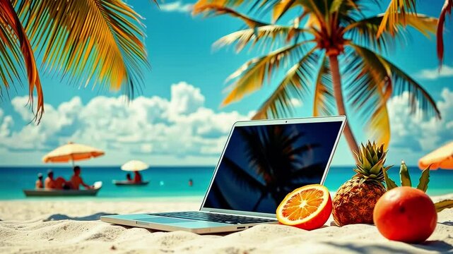 Tropical beach scene with a laptop, fresh fruits, and vibrant palm trees under a sunny sky