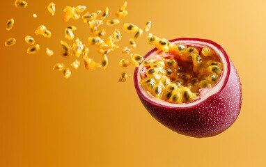 A ripe passion fruit cut open in mid air with golden seeds scattering, pastel orange background