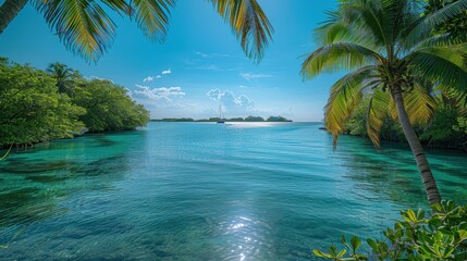 Serene tropical landscape with turquoise waters, palm trees, and distant sailboat under bright sky
